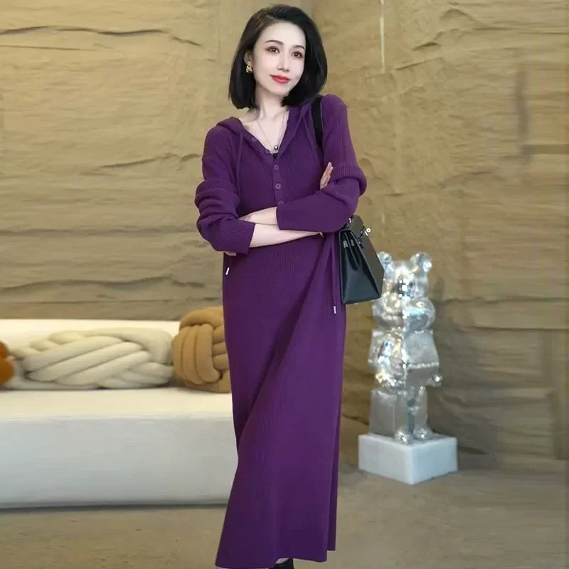 

Women's Long-Sleeve Hooded Knitted Dress Loose Fit Comfortable Casual Sweater Chic Daily Wear for Autumn Winter 2025