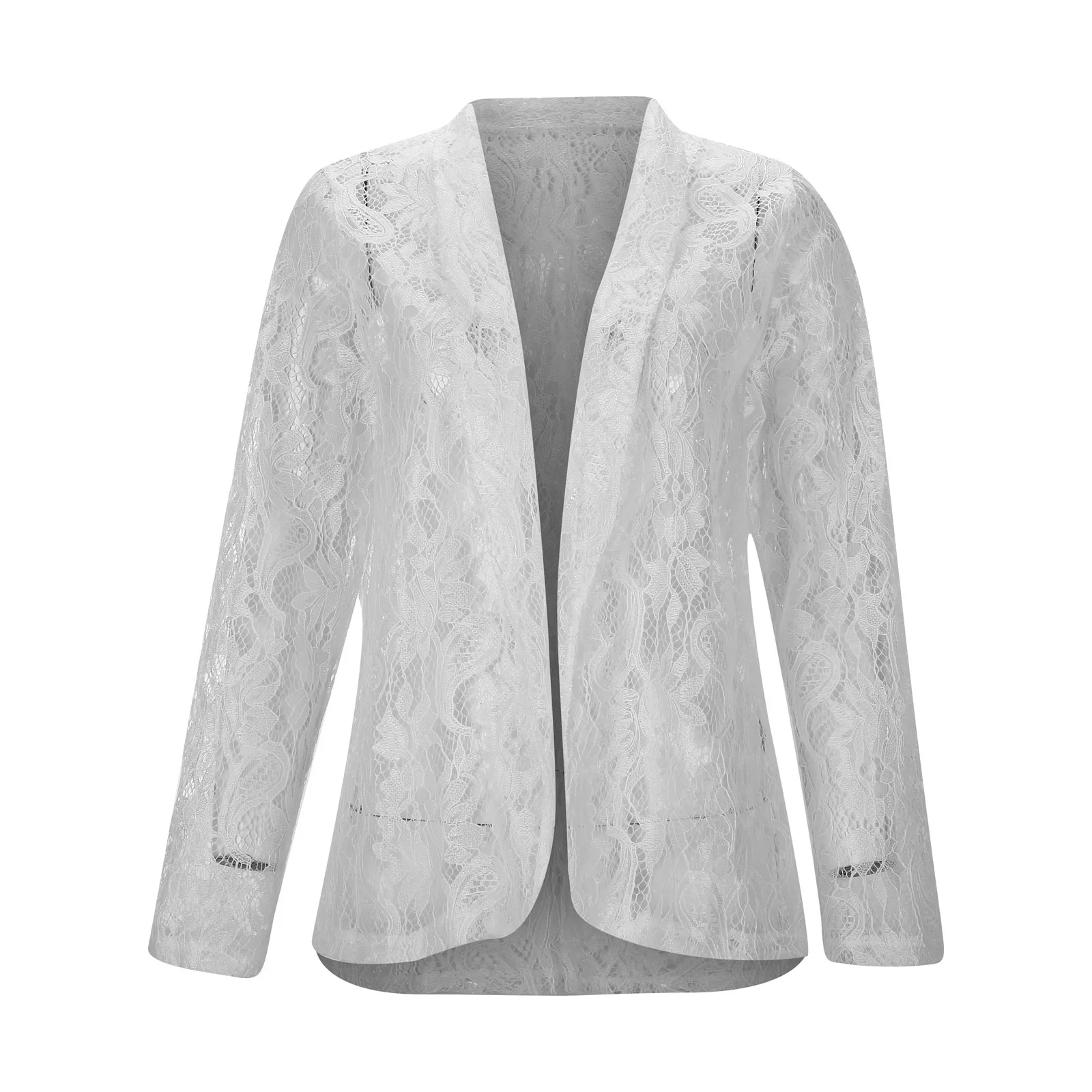 White Lace Hollow Out Women's Suit Coat Solid Open Stitch Blazers Outdoor Formal Business Jackets Lightweight Office Ladies Coat