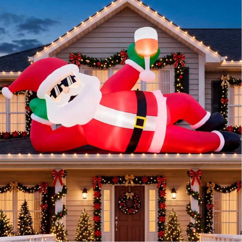 Sloosh 9FT Riesiger aufblasbarer Weihnachtsmann für den Außenbereich, liegender Weihnachtsmann, aufblasbare Weihnachtsdekorationen für den Garten mit integrierten LED-Lichtern für Weihnachten, Dach,