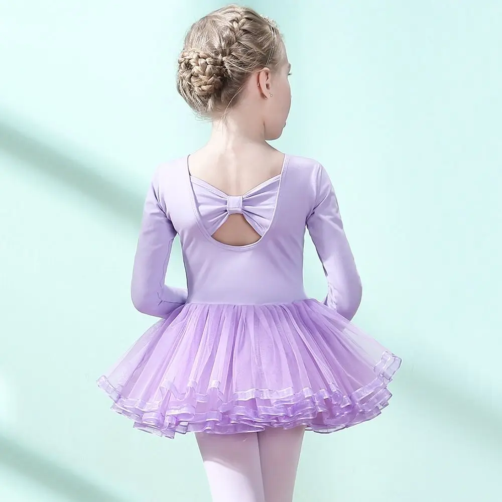 ชุดบัลเลต์เด็กแขนยาวผ้าฝ้ายประดับโบว์ ชุดแสดง ชุดปาร์ตี้ ชุดเต้นฟูฟ่องสำหรับเด็ก
