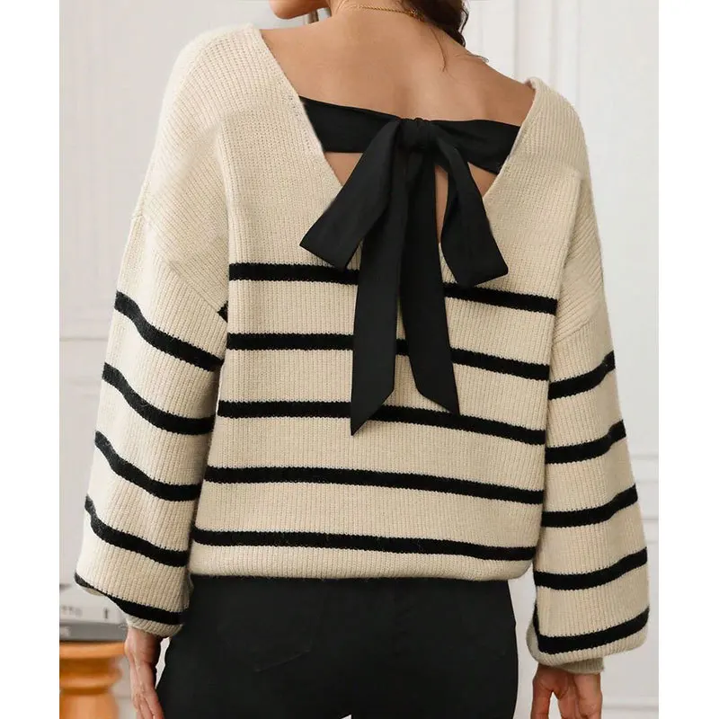 Women's Sweater Knit Tops Back Tied Bow Decorate V-neck Long Sleeve Stripe Pullover Autumn Winter Casual Streetwear