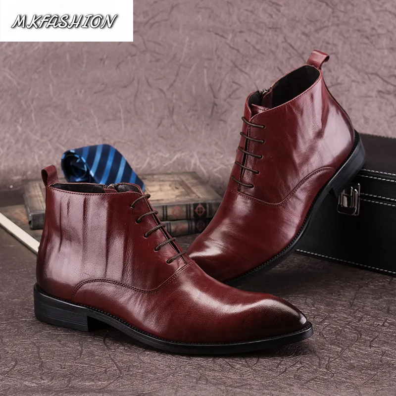New Pointed Toe Men Leather Boots British Style Hand Grain Mid Calf Lace Up Business Boots