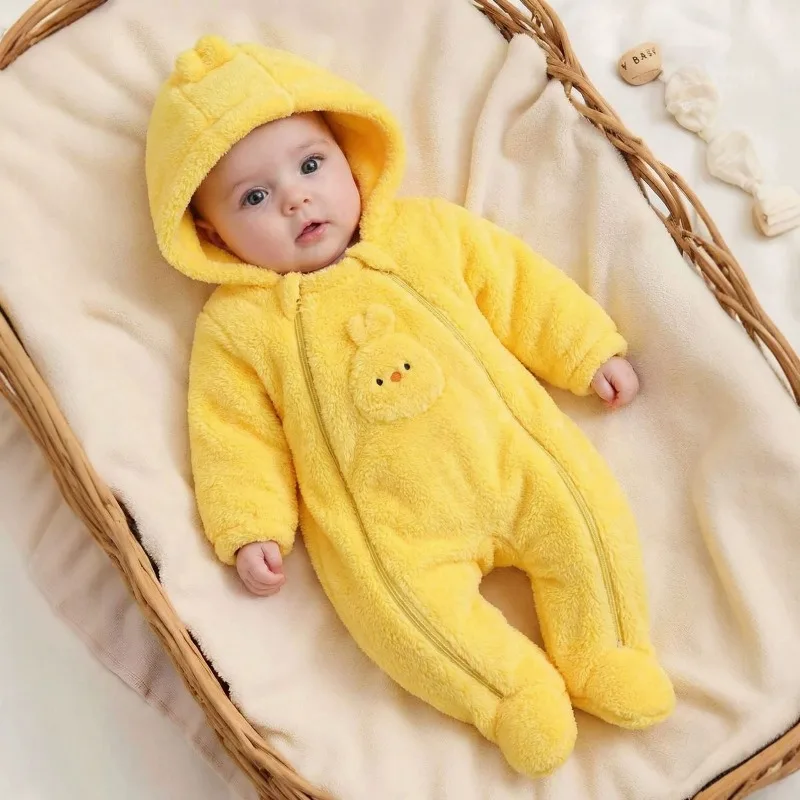 Baby Shower Gift Yellow Duck Bear Romper 3D Chick Applique Hooded Fleece Bodysuit Infant Toddler One Piece Jumpsuit Outfit