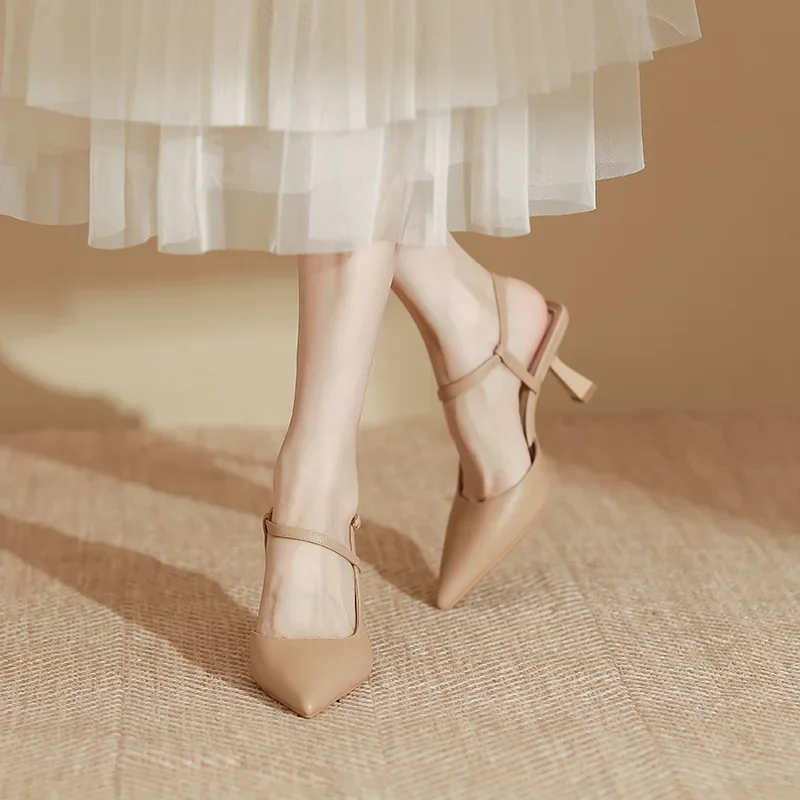 YuanHuiTongSummer أحذية النساء أشار تو كعب رقيقة النساء الصنادل أحذية من الجلد الحقيقي للنساء Slingback أنيقة عالية الكعب P