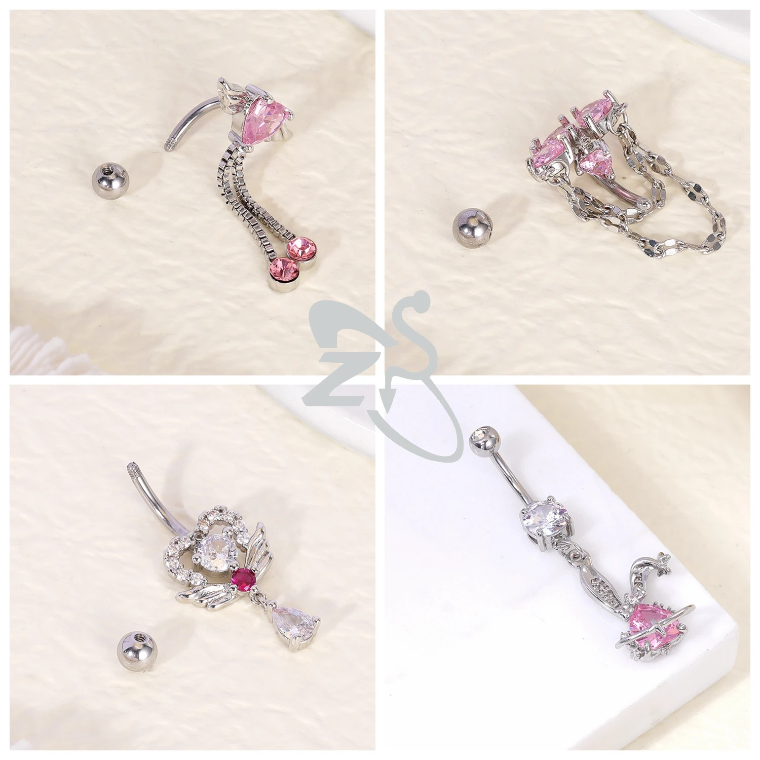 AOEDEJ 1 PC 14G Stainless Steel Belly Button Rings Pink CZ Crystal Pendant Bellys Piercing Women Butterfly Heart Navel Piercings