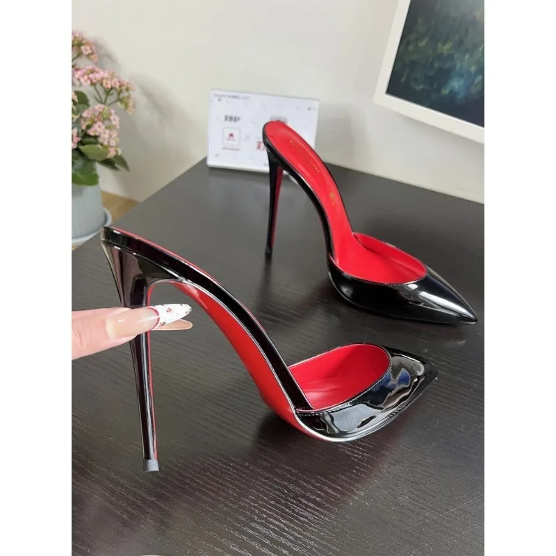 

new patent leather shallow mouth side clearance 12cm black high heels for women and men, slim heels, sexy plus size single shoes