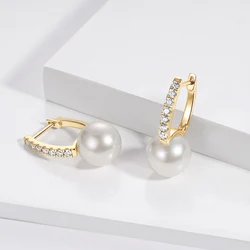 Real 925 Sterling Silver Hoops for Women 10mm Natural Freshwater Pearl Drop Earrings with 1.8mm Moissanite Diamond Jewelry Gifts