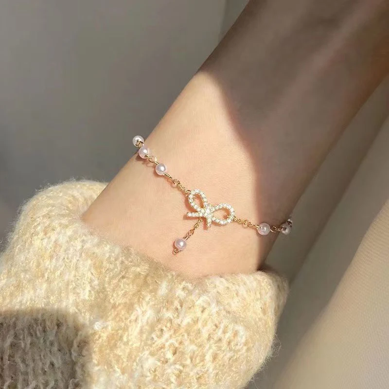 Fashion Women Bow Pearls Charm Bracelet High Quality Crystal Thin Chain Bracelet Fashion Jewelry Hello Girl Gift