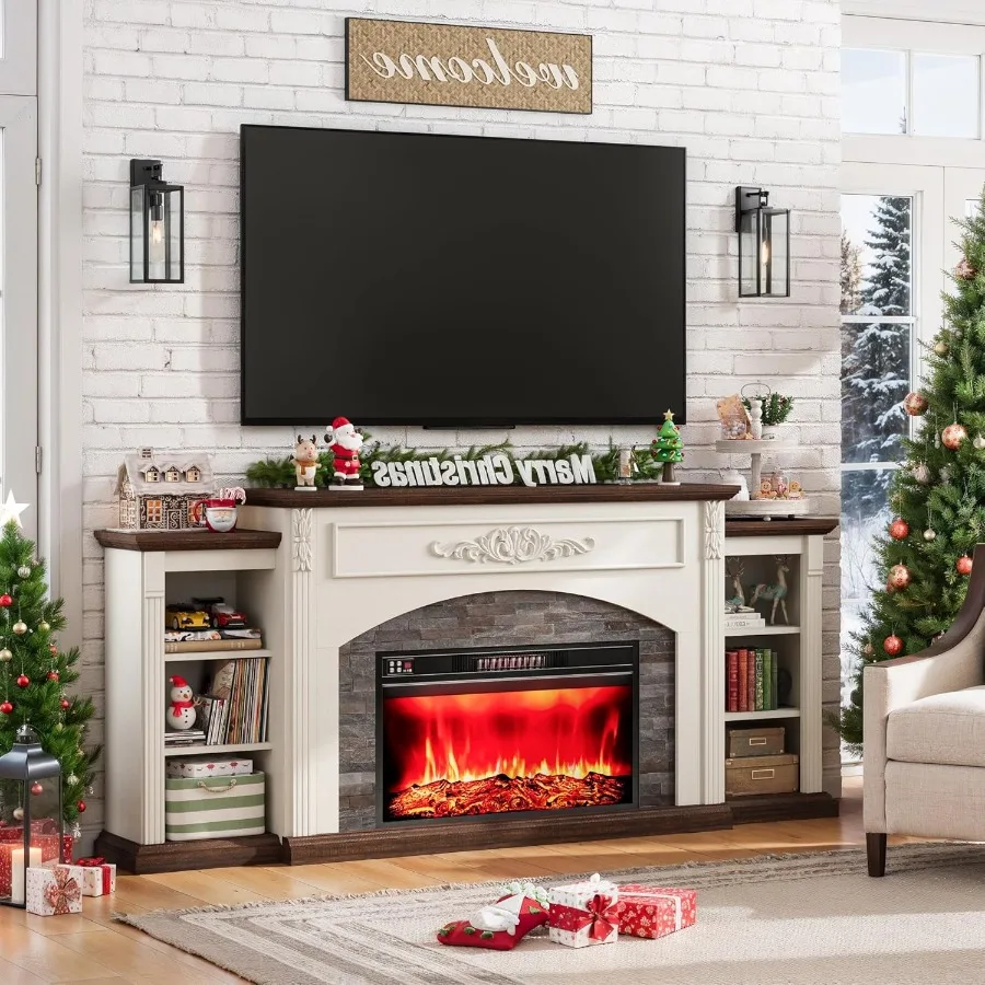 80 مدفأة كهربائية مع رف وحامل تلفزيون لأجهزة التلفاز حتى 90 مركز ترفيهي حديث يتميز بحجر مكدس واقعي S #1