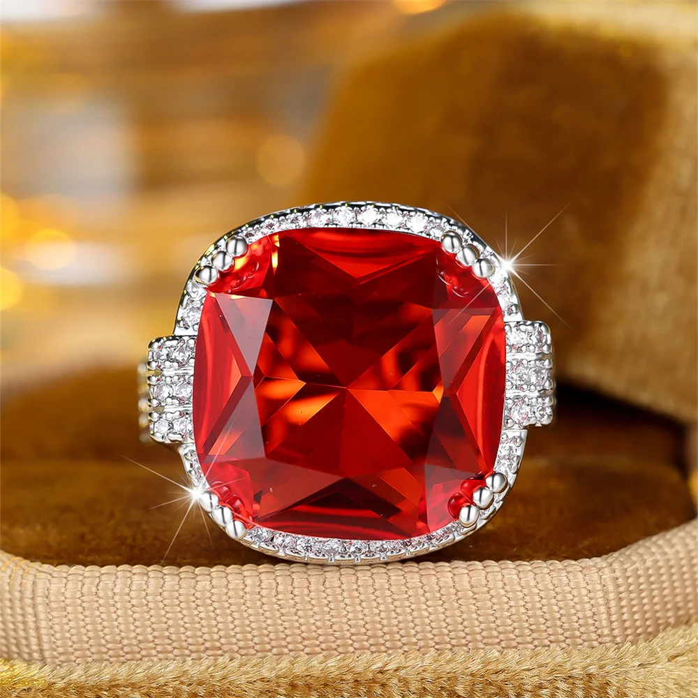 Big Square Stone Orange Red Crystal Rings For Women Vintage Silver Color Engagement Ring Wedding Jewelry Valentine's Day Gifts