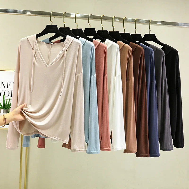 Modal Hooded T-shirt Long sleeves Spring Summer Loose Tshirts Solid color Plus size sun-proof clothing basic Tee tops