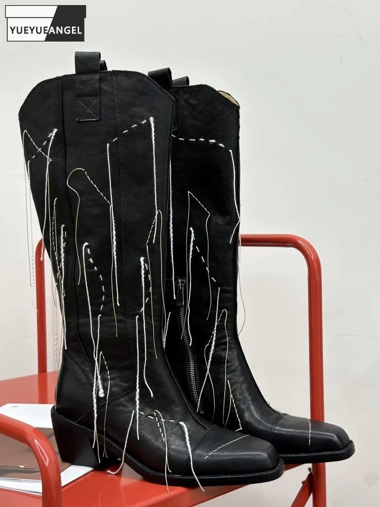 Ladies Comfortable Cowhide Handmade Genuine Leather Square Toe Leisure Shoes Embroidery Tassel Zipper Black Fashion High Boots