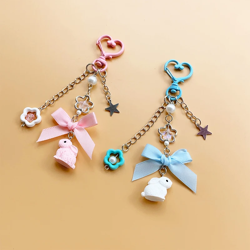 Y2K Aesthetic Bow Rabbit Keychain Phone Chain Fashion Sweet Girly Keyring Bag Pendant Backpack Hanging Decoration Girl Gifts