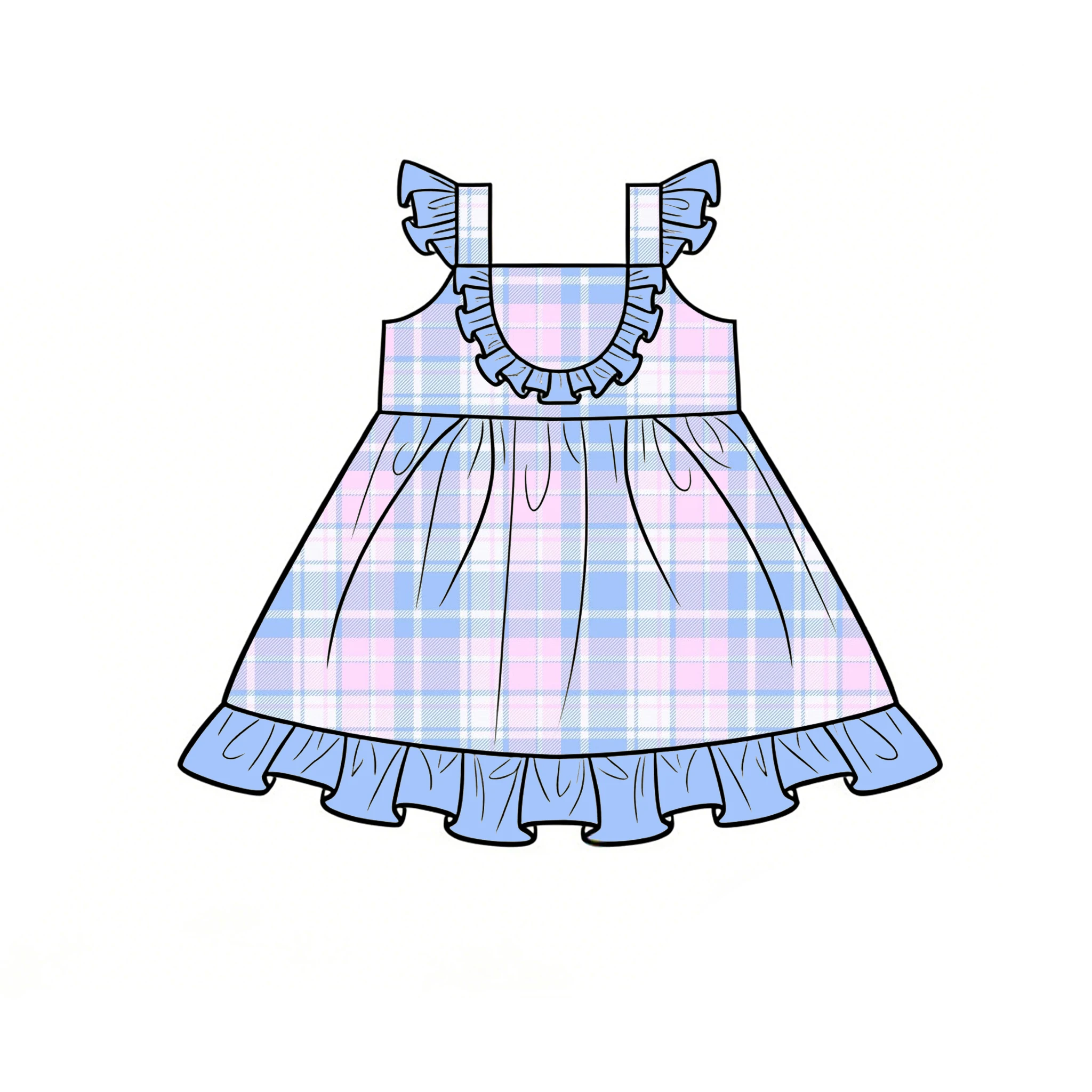 Boutique hot-style halter-neck ruffle dress balloon floral plaid print custom wholesale available.