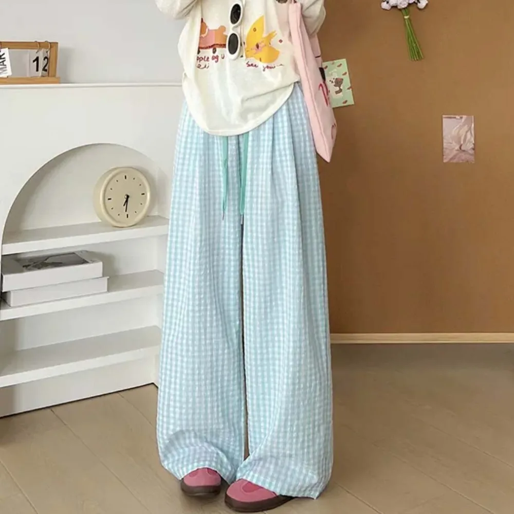 

Fashion High Waist Straight Plaid Pants Casual Stripe Y2K Drawstring Pants Baggy Trousers Thin Wide Leg Loose Pants Summer