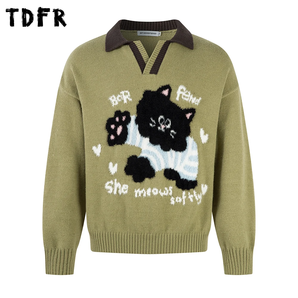 

Жаккардовый свитер с изображением кота, мужской осенне-зимний повседневный вязаный пуловер в стиле ретро с лацканами и длинными рукавами