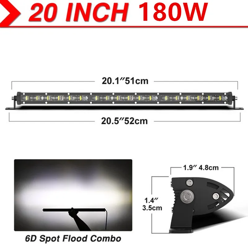 2PCS 20 Inch Single Row 6D Lens LED Light Bar Car IP67 Waterproof Ultra Slim Offroad Work Fog Lamp Super Bright Driving Lamp Universal For Motorcycle SUV ATV UTV 4X4 Truck Tractor 12V 24V Vehicle Auxiliary Light view 2
