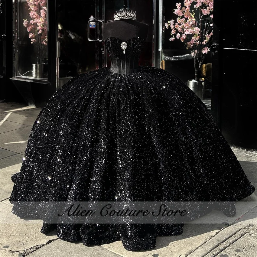 Glitter Black Sequins Quinceanera Dresses Ball Gown 2024 Beads Diamonds Sweet 16 Dress Birthday Party Gown