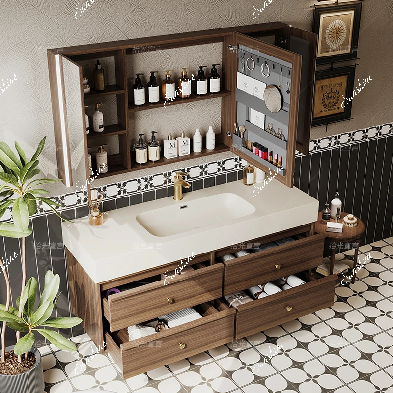 Walnut skin feeling integrated wash basin bathroom cabinet combination bathroom, medieval style bathroom cabinet