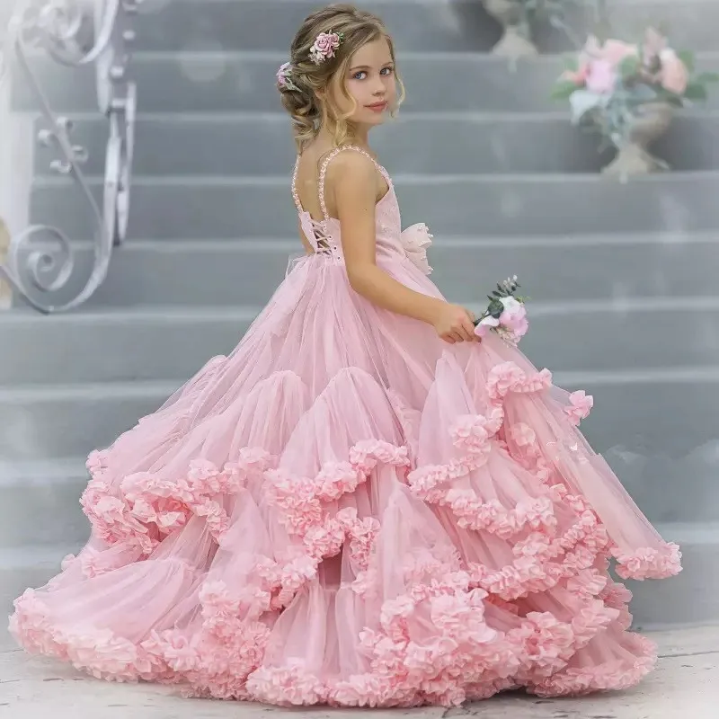 Vestidos de flores rosas formales para niños, faldas escalonadas, vestidos de desfile para niños pequeños, vestidos de tul con cuentas, ropa de primera comunión