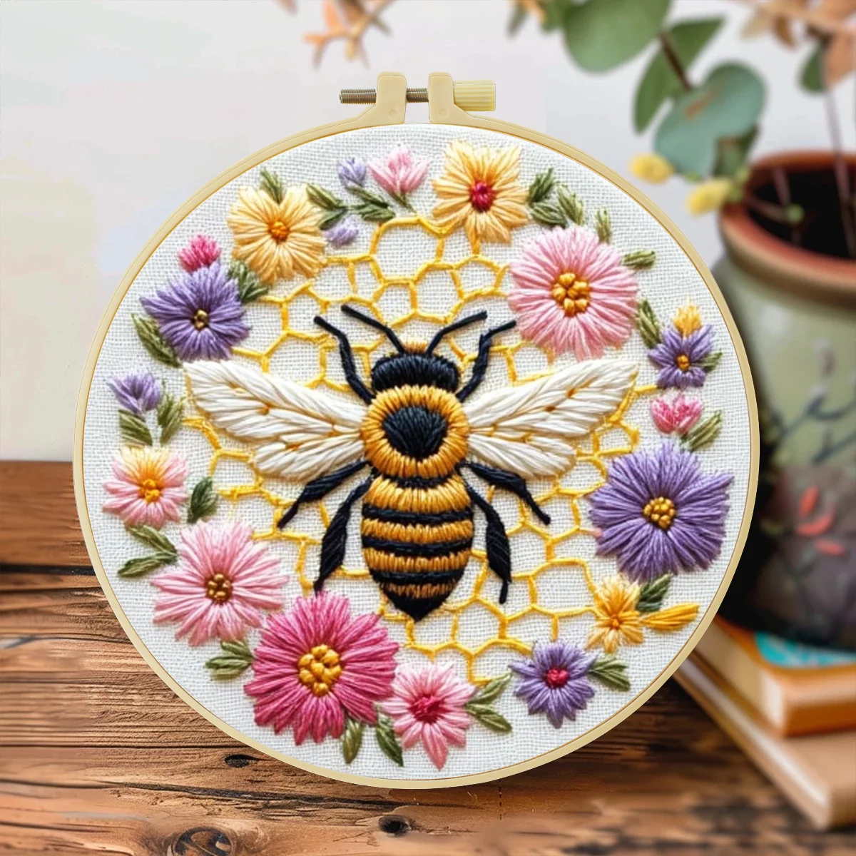 1 Stück 20x20 cm/7,87 Zoll Bienen und Schöne Blumen Stickerei Starter-Kit DIY-Set für Anfänger Nähkunst Heimdekoration – Detail 2