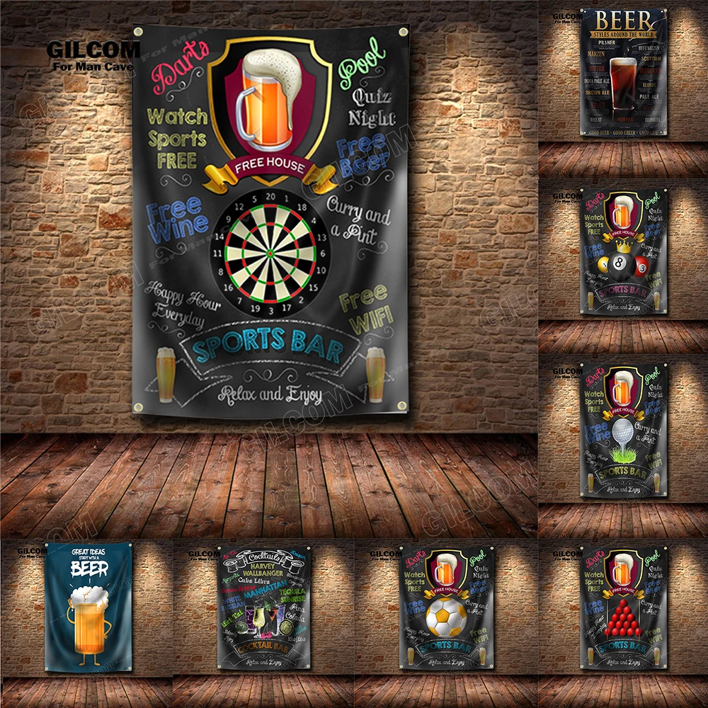 Blackboard Of Sports Bar Banner Flag Free Wine Dart Bowling Poster Art AD Vintage Sign Dark Motor Car Man Cave Garage Pub Club