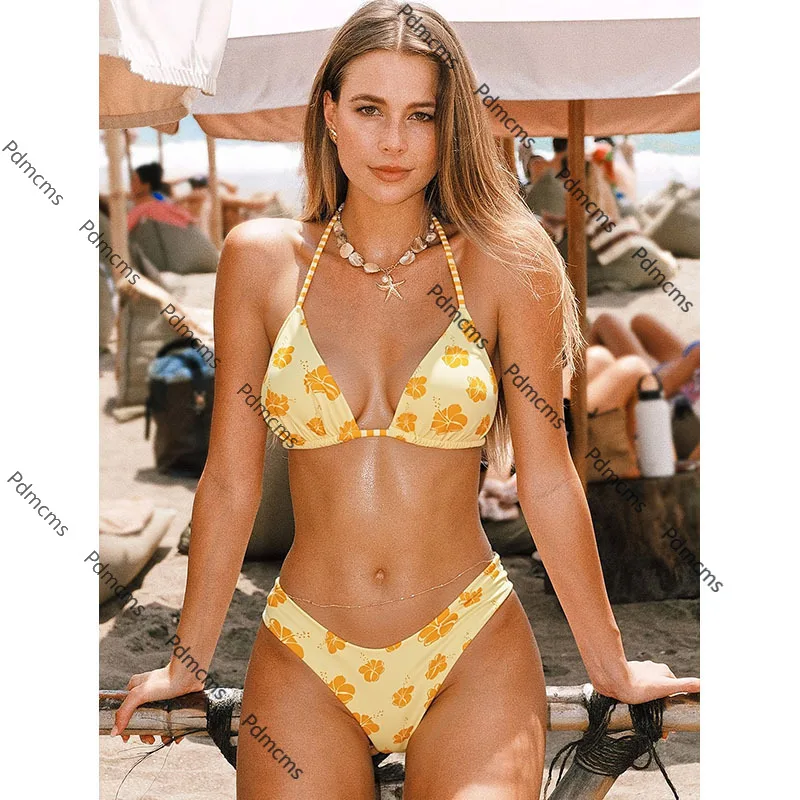 

2025 new European and American printed neck bikini sexy split swimsuit women's seaside beach hot spring swimsuit