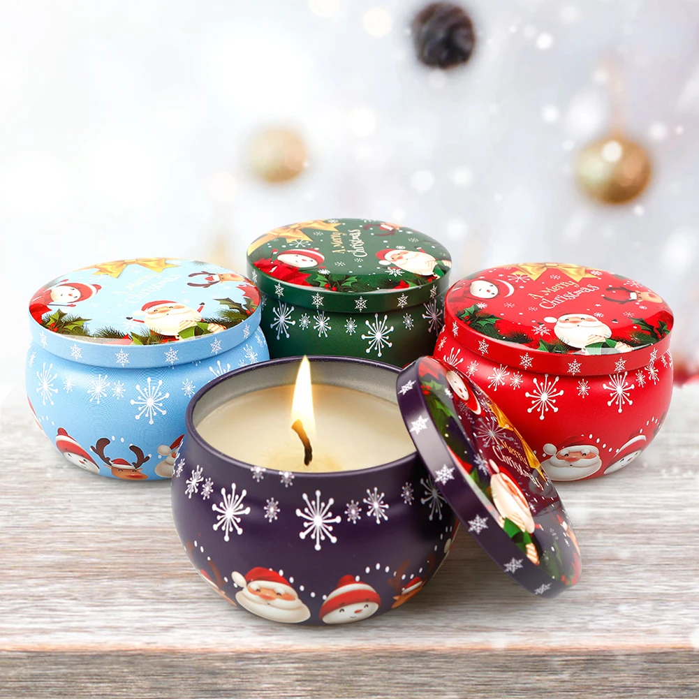 4pcs/set Christmas Aromatherapy Candle Jar Christmas Scented Candle Tin Jar Soy Wax Plant Candle Gift Box Only Empty Jar