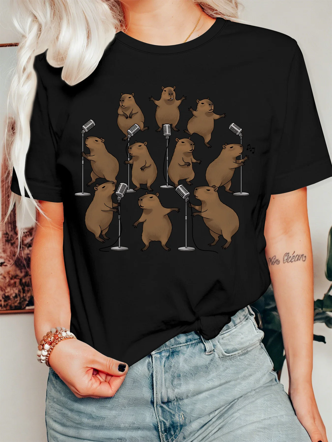 Cartoon Capybara Singing Band Womens T Shirt Retro Microphone Music Animal Graphic Tee Short Sleeve Casual Daily Ladies Tops