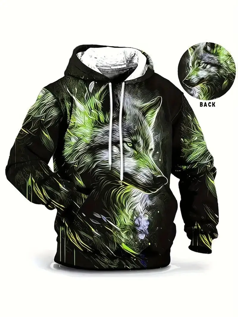 Wolf print flower hoodie, men's cool hoodie, men's casual pattern design hoodie street trend autumn and winter wear, as a gift