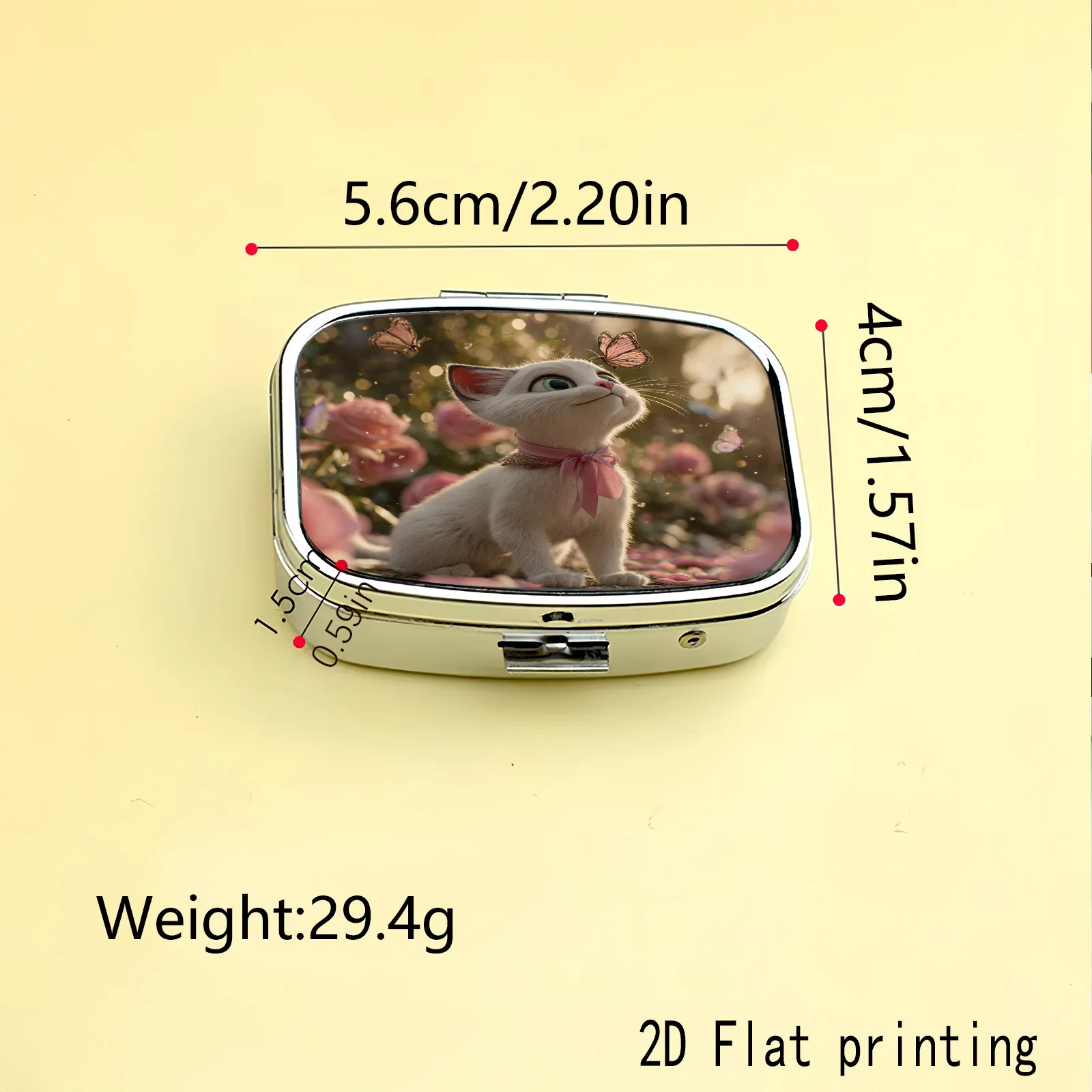 Blue-Green Cat with White Eyes Looking up at a Romantic Pattern of Pink and Purple Butterflies in a Garden, Two Types of Small Pill Boxes Available for You to Choose From: One with Three Compartments and the Other with Two Square Compartments, Portable Medicine Storage Suitable for Handbags or Travel, Elegant Design, Polished Finish, Exclusive for Daily Medication Users.