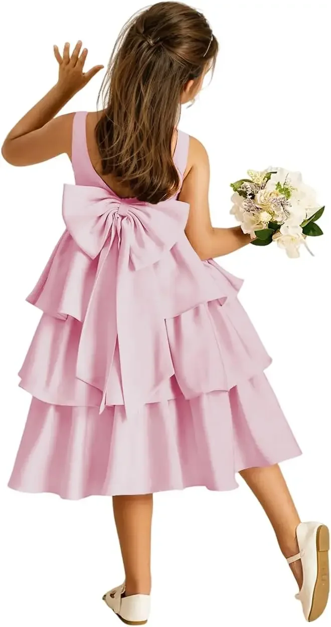 Princess Dress Girls Crewneck Layers Flower Girl Satin Pageant Dress with Bow Knot Backless Birthday Party Formal Dress