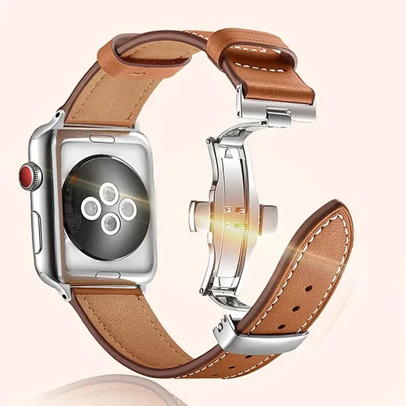 Pasek skรณrzany do Apple Watch Ultra 2 49 mm 38 40 41 42 44 45 mm Pasek z klamrฤ
motylkowฤ
do iWatch Series 9 8 7 SE 6 5