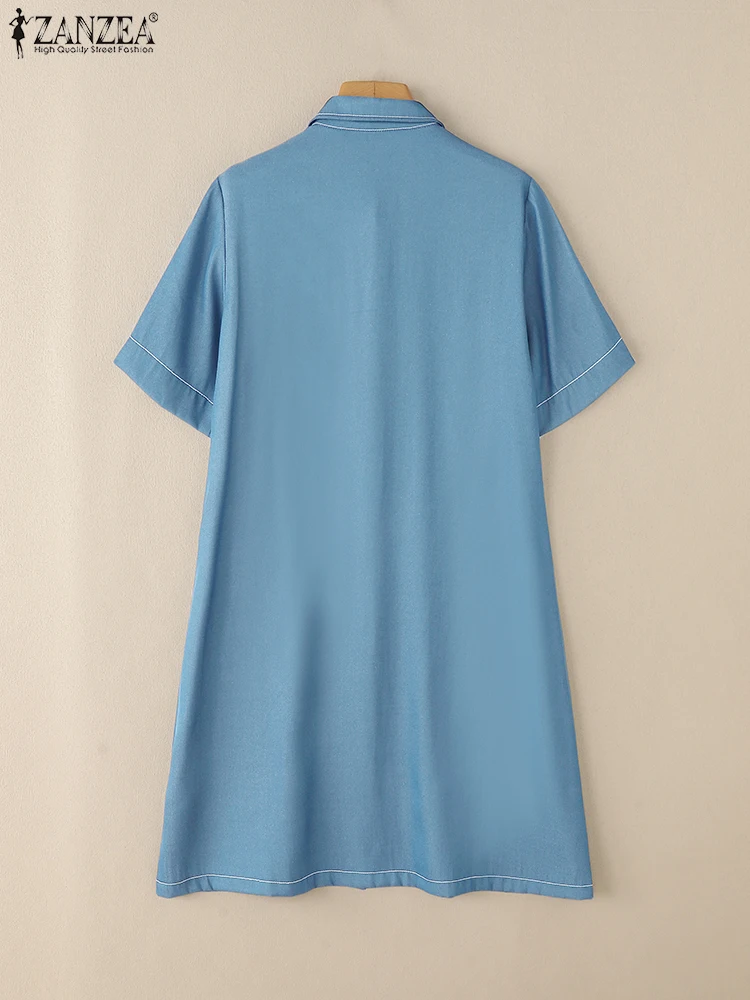 ZANZEA 패션 여름 드레스 데님 블루 Sundress 여성 빈티지 옷깃 넥 짧은 소매 작업 Vestidos 캐주얼 솔리드 버튼 드레스