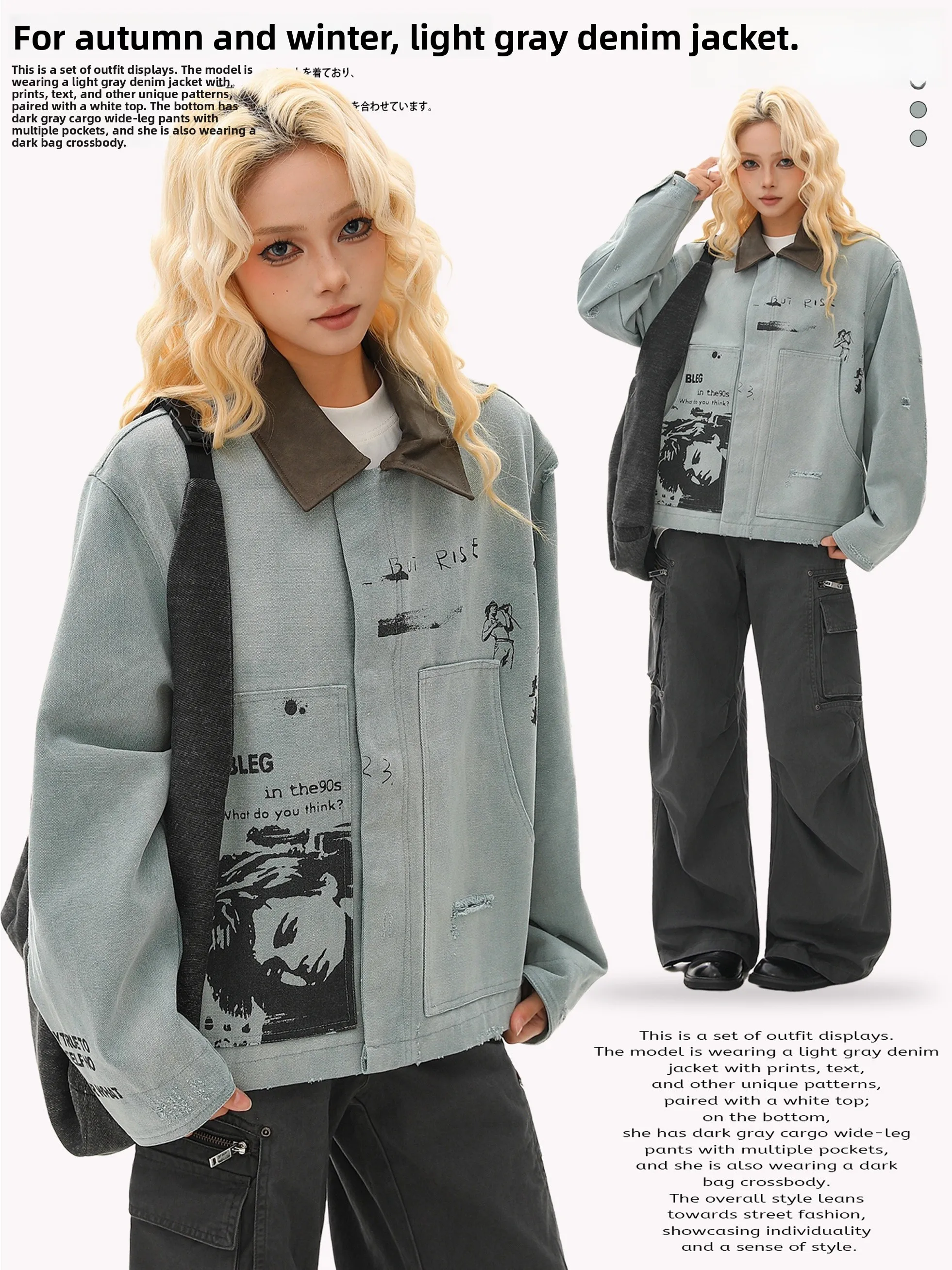 

American Sle Streetwear ex Waed Denim PU Leather Collar Detroit Jaet Men's Faion Dstring Cuffed Long Sve Coat