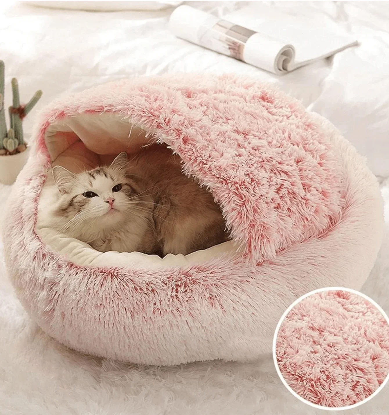 Plush Hooded Pet Bed Round Fluffy Soft Cat Bed Pet Cushion Warm Cat Dog 2 in 1 Sleeping Nest Cave for Small Dogs