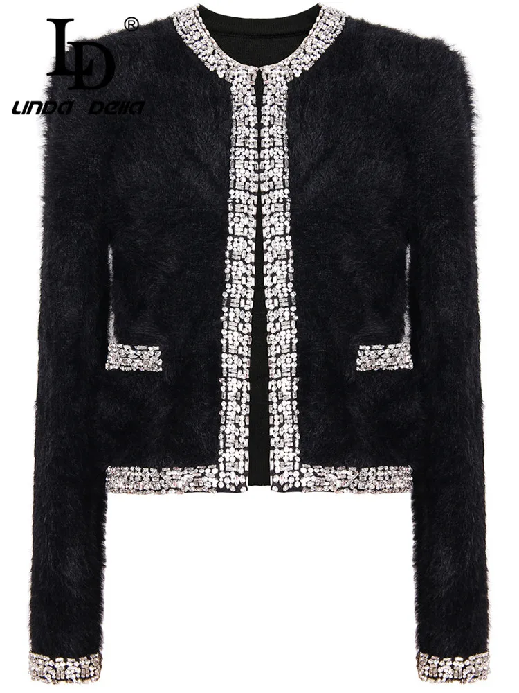 

LD LINDA DELLA Autumn Korean luxury designer party Coat Women's Black Splice Long sleeve Nail Bead Woolen Slim Fit Short Coat