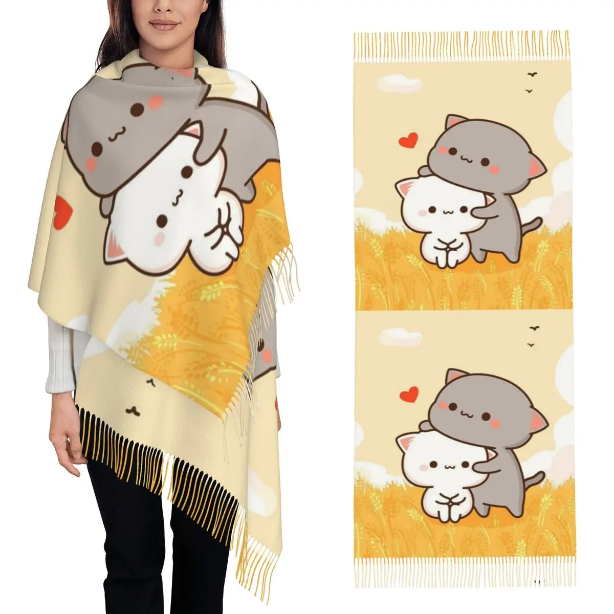 

Милый моти персиковый шарф с котом, шарфы с кисточками для женщин, мягкие теплые шали и накидки, большая осенне-зимняя шаль