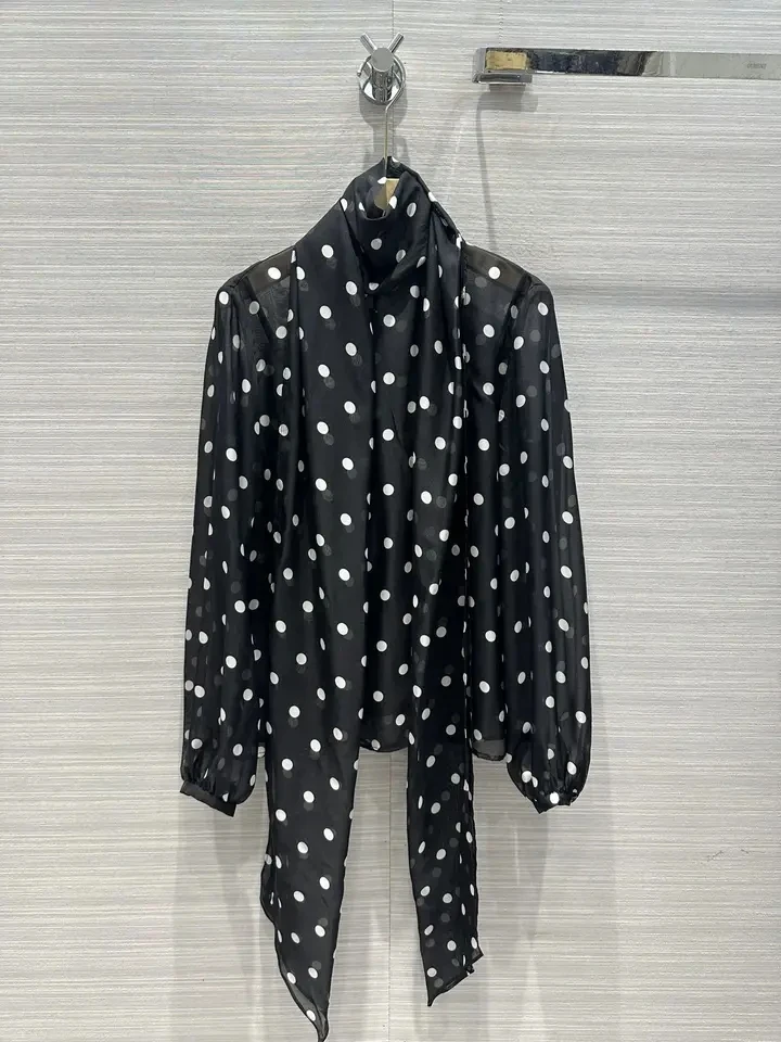 

2024SS Spring Summer Fashion Women High Quality Dots Prints Silk Long Sleeve Shirt Blouse for Female