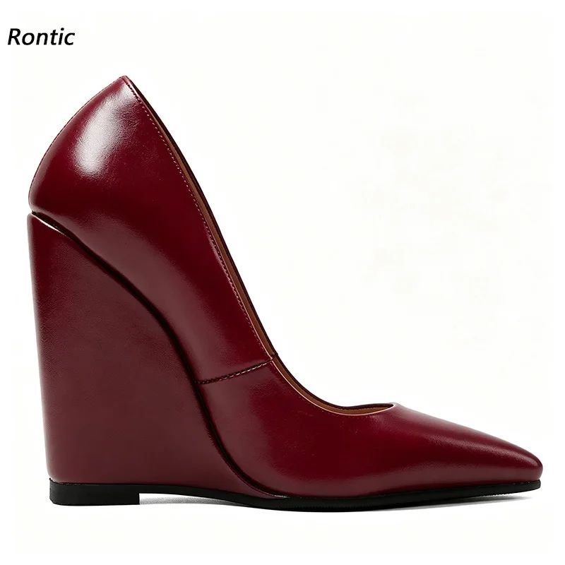 Rontic Women Burgundy PU Leather Pointed Toe Wedge Pumps Solid Color Integrated High Wedge Heel Slip On Office Party Dress Shoes
