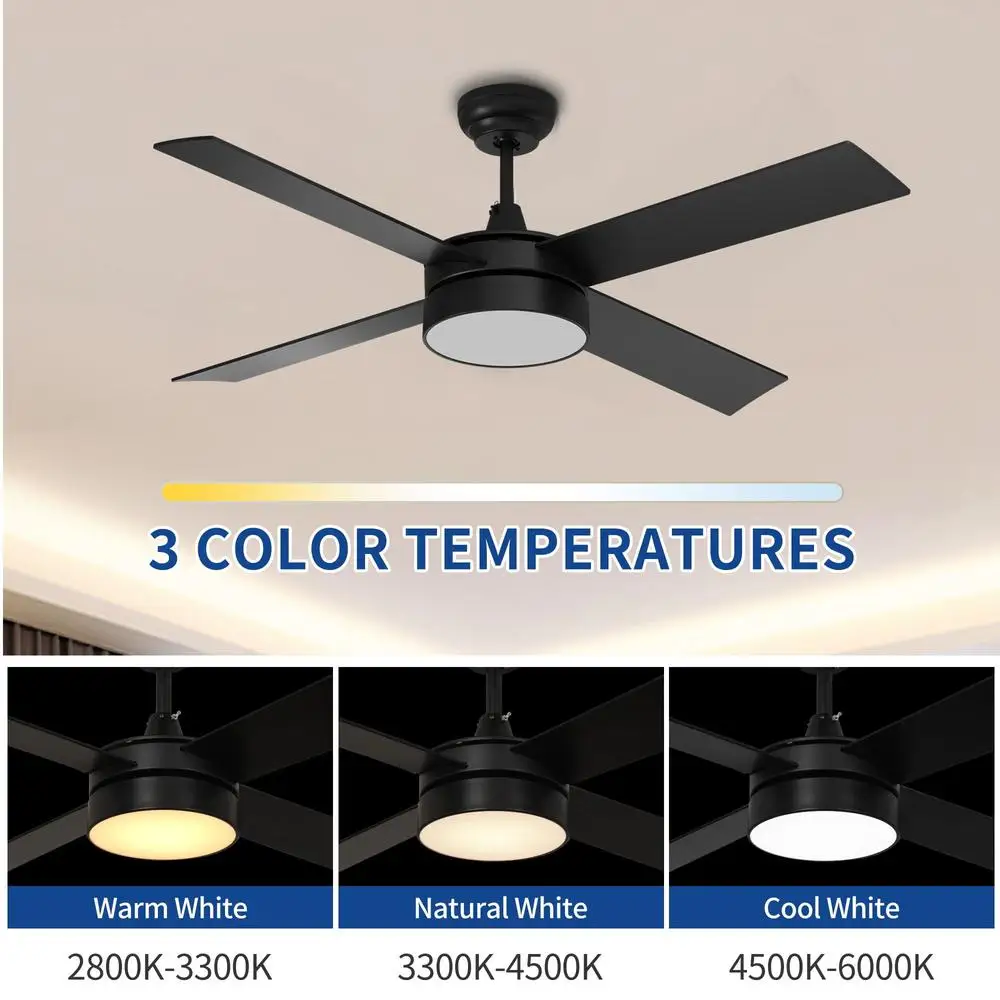48 Inch Ceiling Fan with Light Remote Control 4 Blades Memory Function Night Light Mode Energy Efficient Indoor Outdoor Use