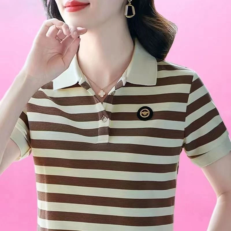 Fashionable Short Sleeve T-Shirt Women Summer New Loose  Shirt Classic Stripes Mom Casual Top Large Size Turn-down Collar