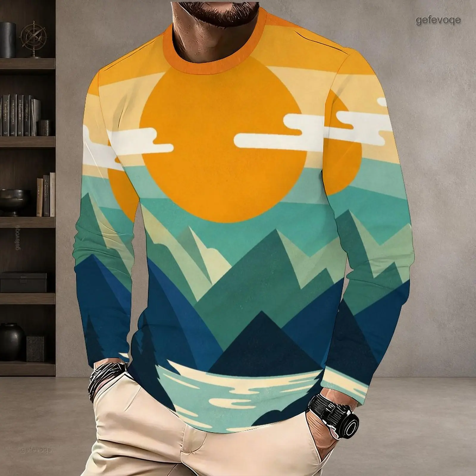Men Geometric Sun Mountain Landscape Printed Round Neck Long Sleeve Pullover T-Shirt