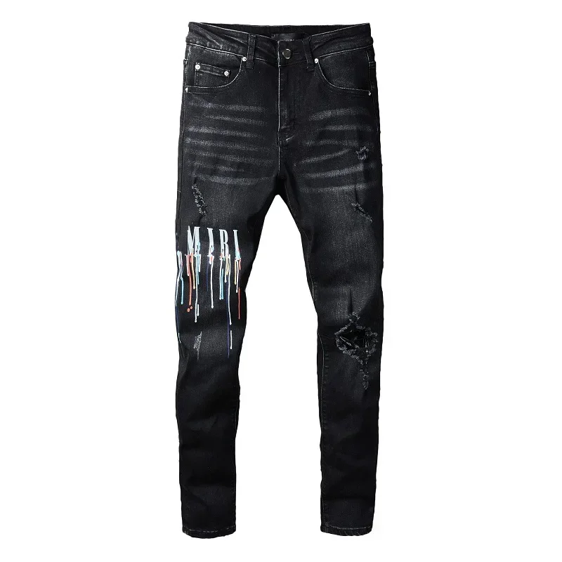 European and American fashion street spray painted colorful letters denim cotton casual pants black youth tight jeans