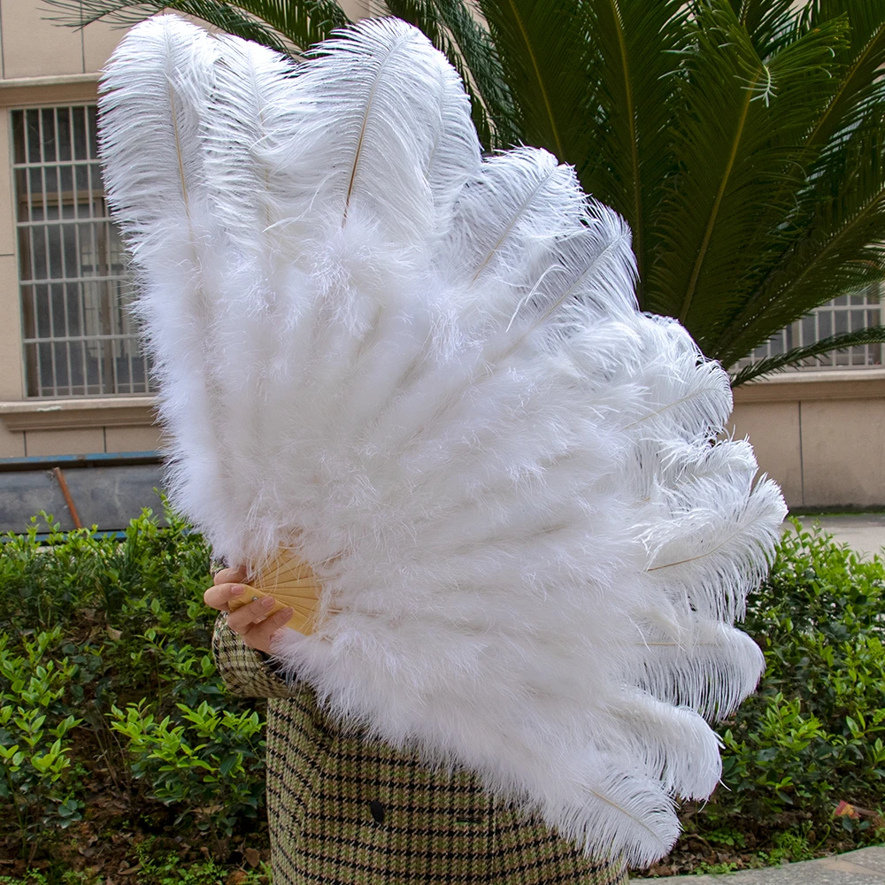 13Bone Natural White Ostrich Feather Fan for Dance Show Halloween Party Wedding Stage Props Handheld Fluffy Ostrich Plumes Fan