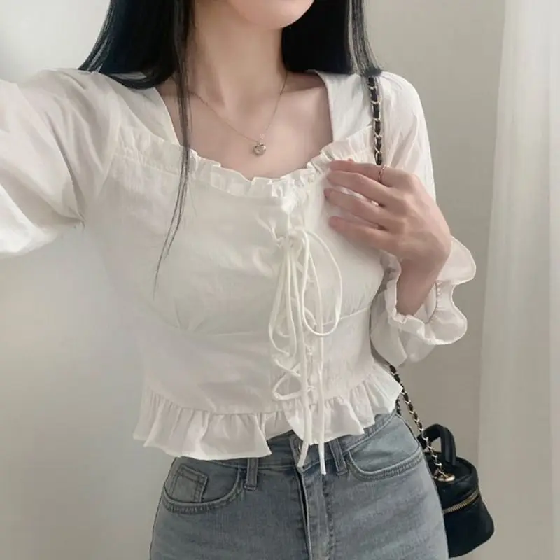 Korean Spring Autumn New Style Reduced Age Retro Unique Design Sense Simple Square Collar Waist Strap Up Small Shirt Women