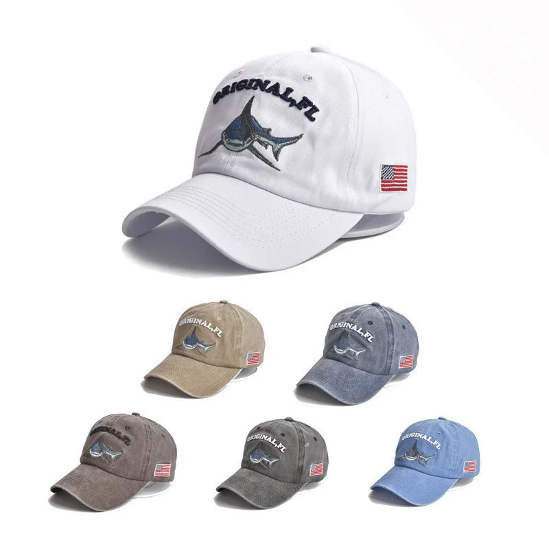 2021 Fashion Summer Women Men Washed Cotton Men Baseball Cap Fitted Cap Snapback Hat Gorras Casual Embroidery Letter Shark Retro