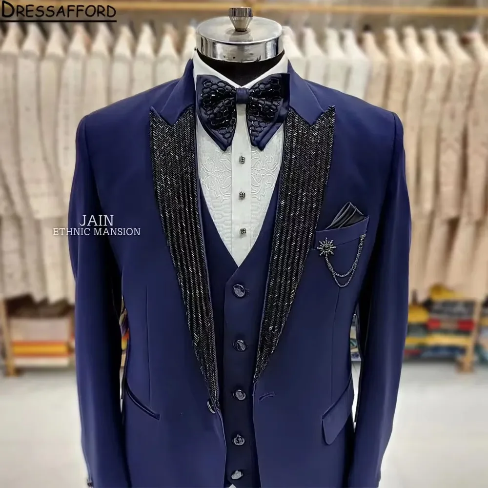 Blue Men's Suits Fashion 3 Pieces Sets Groom Prom Blazers Beading Neckline Decoration Tuxedos Men