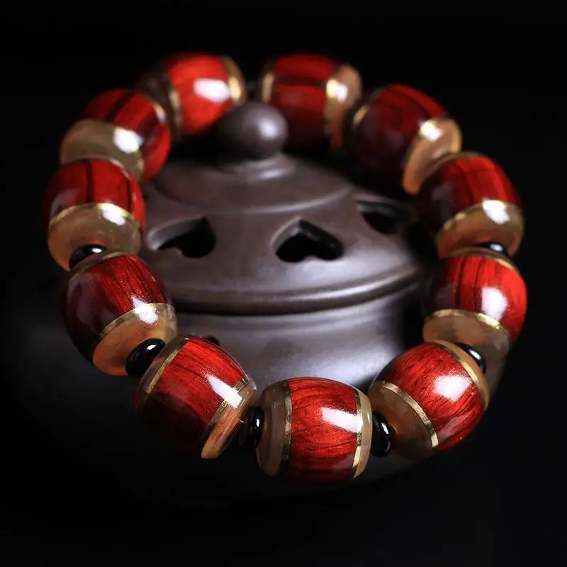 Natural Big Leaf Red Sandalwood Bucket Beaded Inlaid With Horn Men's Buddha Beads Bracelet Good Lucky Safety Wood Handstring