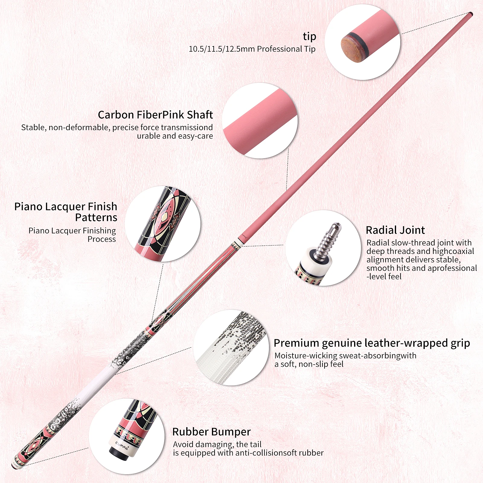 CUPPA Premium Carbon fiber Pool cue 58-inch Pink Billiard cue with Pro Low deflection Shaft Leather Grip, 12.5mm Tip for Women